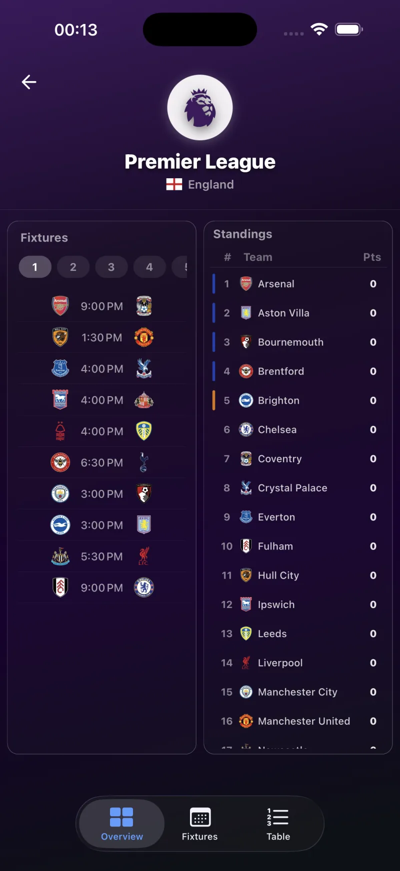 Leagues screen